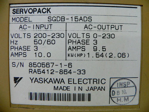 YASKAWA SGDB-15ADS SERVOPACK 200-230VAC (50/60HZ) 3PHASE 10AMP